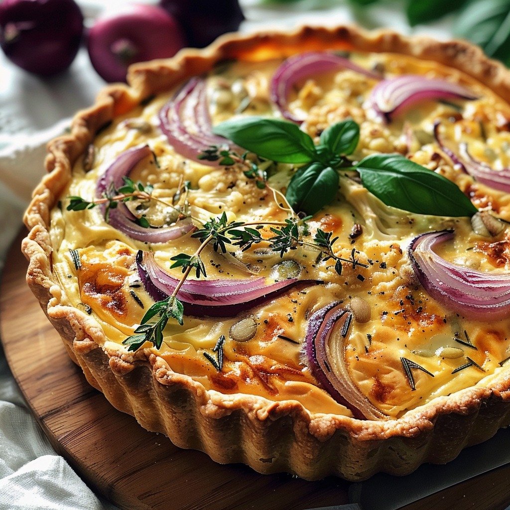 Savory Cauliflower and Red Onion Quiche with Basil and Rosemary
