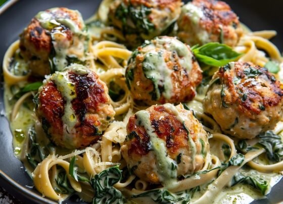 Chicken Ricotta Meatballs with Spinach Alfredo Sauce prepared at home with simple ingredients and clear steps.