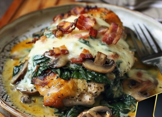 Smothered Chicken with Creamed Spinach Bacon And Mushrooms prepared at home with simple ingredients and clear steps.