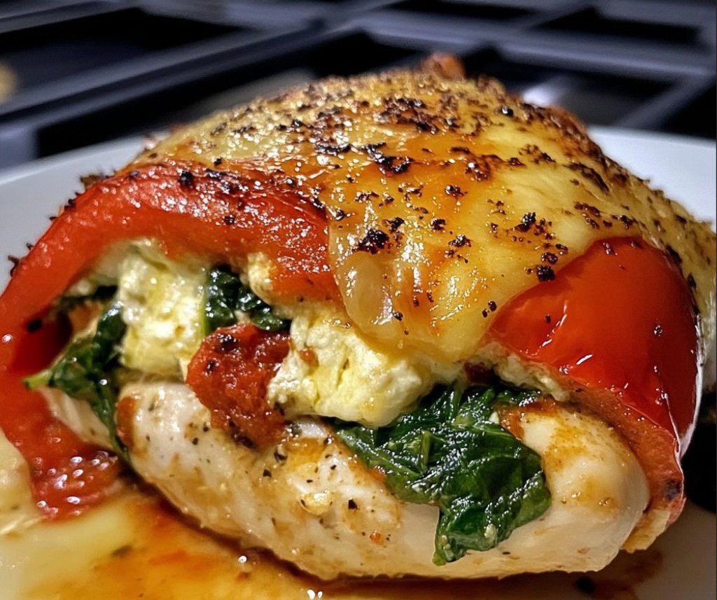 Roasted Red Pepper, Spinach, and Mozzarella Stuffed Chicken